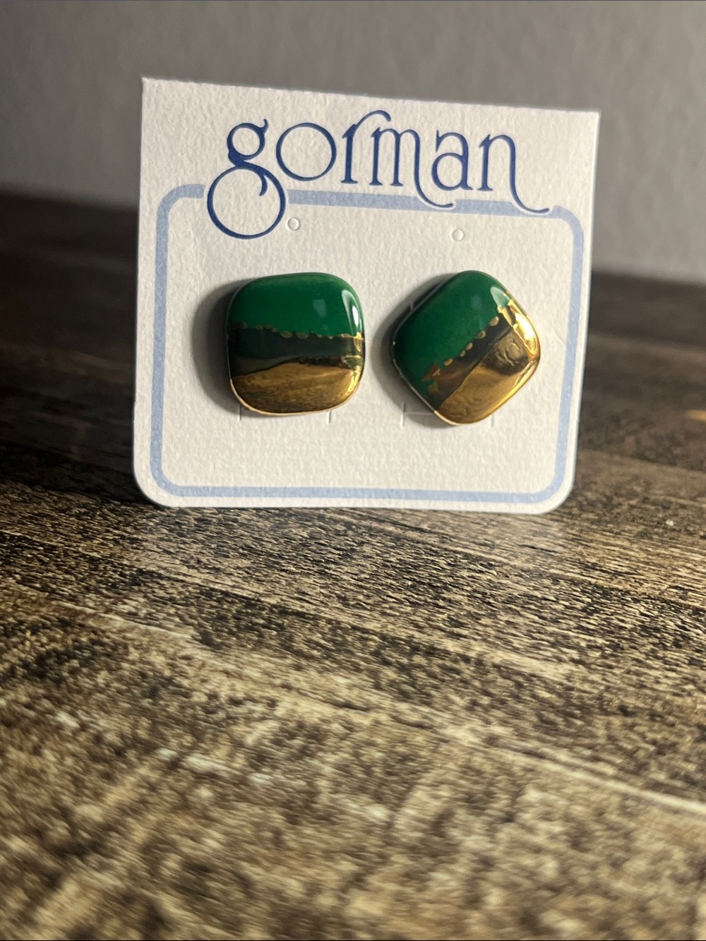 gorman Green and Gold Enamel Square Stud Earrings